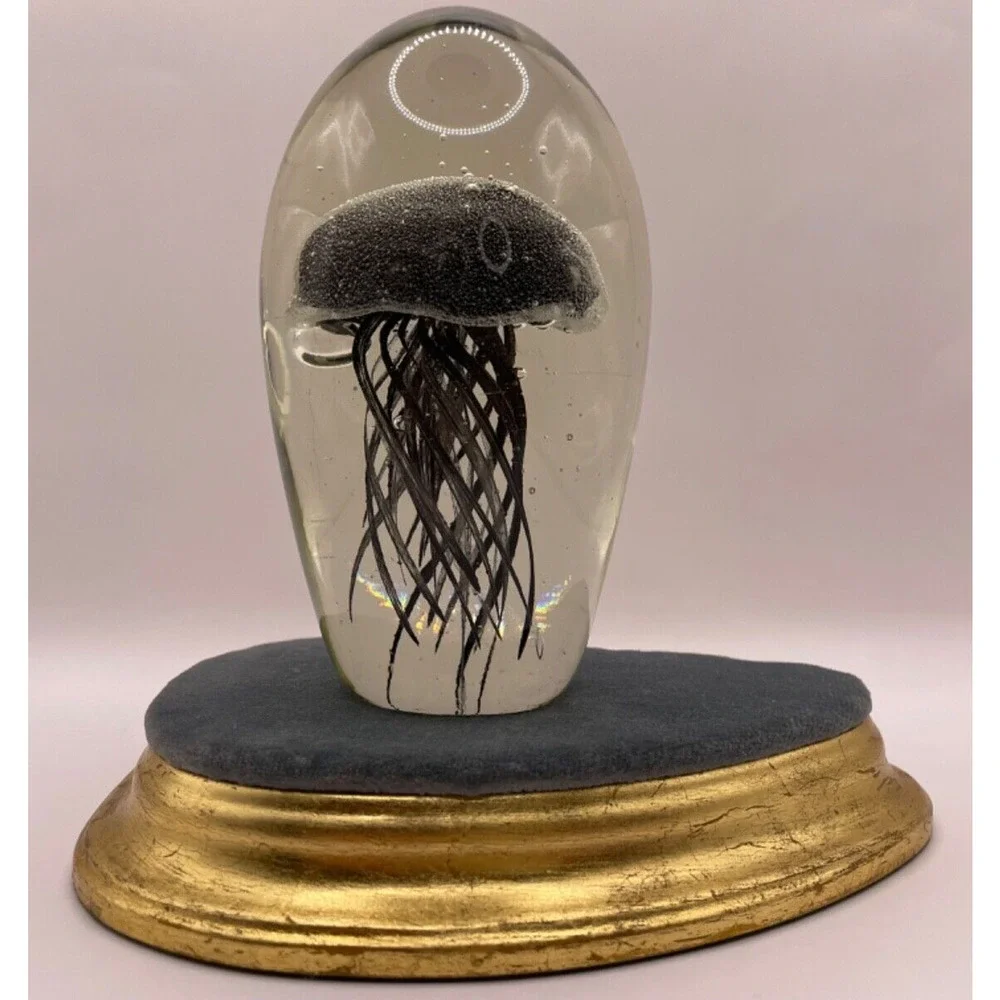 Handcrafted Murano Style Collectible Glass Detailed Jellyfish Paperweight Black